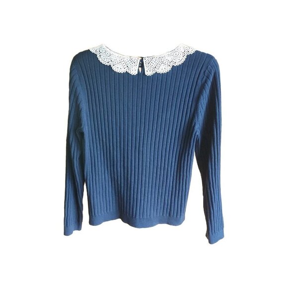 Talbots Sweater Womens Large Navy Knit Crochet Collar, Trad, Wednesday Addams - Picture 2 of 8